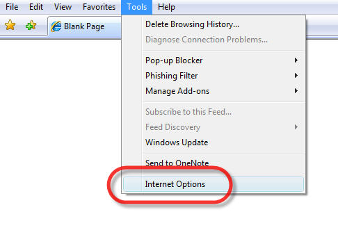 เปิดโปรแกรม IE และคลิกเลือก Tools->Internet Options