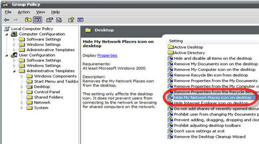 เข้าโปรแกรม gpedit.msc เพื่อเปิดใช้ค่า Hide my network places icon on desktop
