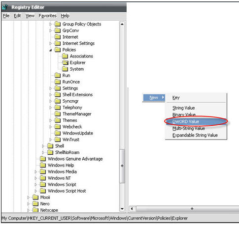 เลือกคำสั่ง New และเลือก DWORD Value