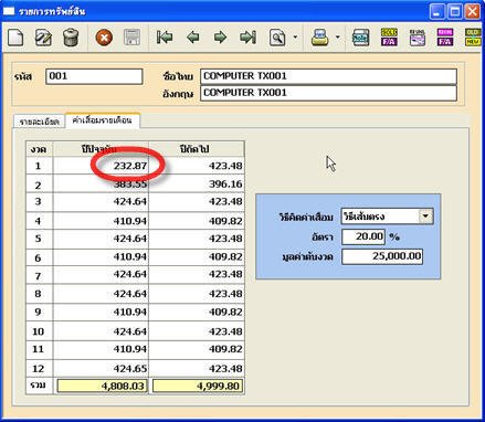 ในแท็บค่าเสื่อมรายเดือน จะแสดงค่าเสื่อมทุกเดือนให้เห็น