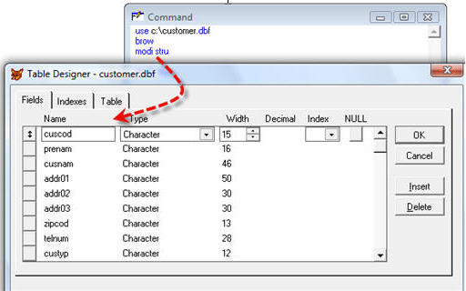 ใช้คำสั่ง modify structure ตรวจสอบโครงสร้างไฟล์ข้อมูล