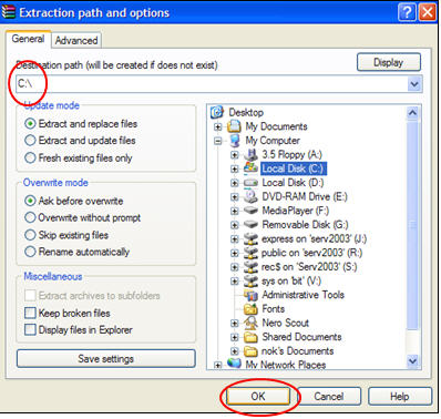 เลือกไดร์ฟและโฟลเดอร์ที่จะเก็บไฟล์ที่ extract ออกมา