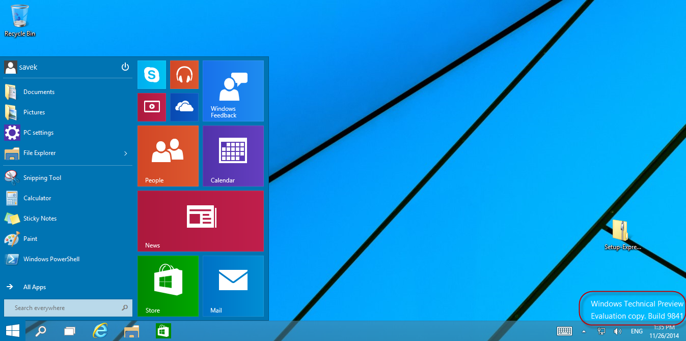 หน้าจอใหม่ของ Windows 10 ที่มีเมนู start