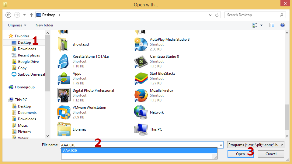 เลือกไฟล์ AAA.EXE ที่สร้างไว้ตั้งแต่ต้น