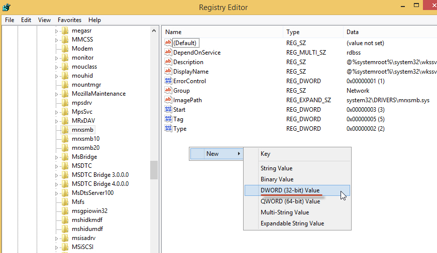 เพิ่มคีย์ dword เข้าไป