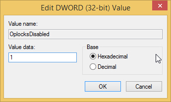 ตั้งชื่อคีย์เป็น OplocksDisabled โดยมีค่าเป็น 1