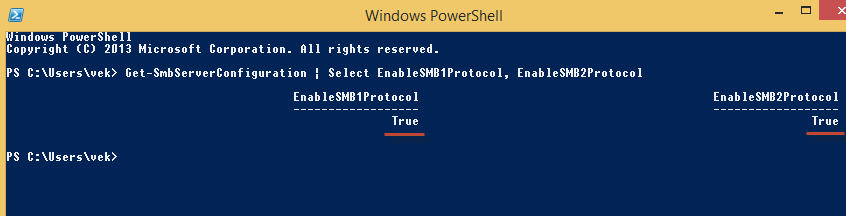 พิมพ์คำสั่ง Get-SmbServerConfiguration | Select EnableSMB1Protocol, EnableSMB2Protocol