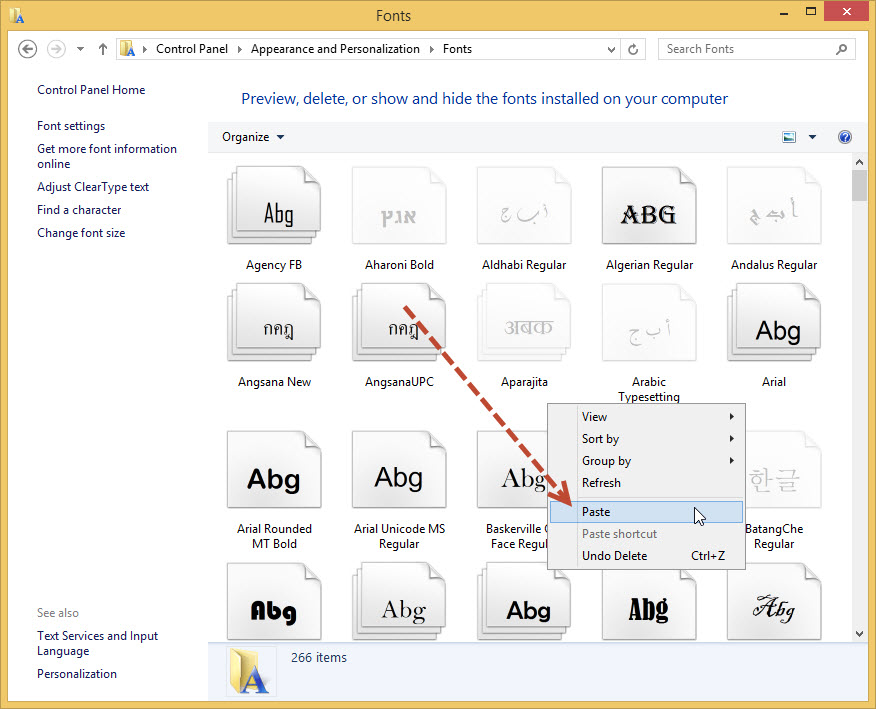 ใช้คำสั่ง Paste เพื่อก๊อปปี้ฟ้อนต์ที่ใช้แสดงผลของโปรแกรมเข้าไปในระบบวินโดว์