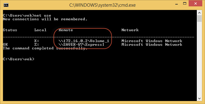 พิมพ์คำสั่ง Net use ที่ Command Prompt เพื่อดู Remote Path