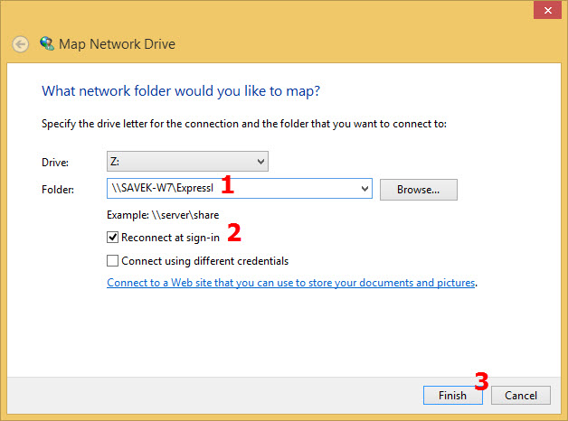 ป้อนข้อมูลที่จดมาในช่อง Folder: ของหน้าจอ Map Network Drive นี้