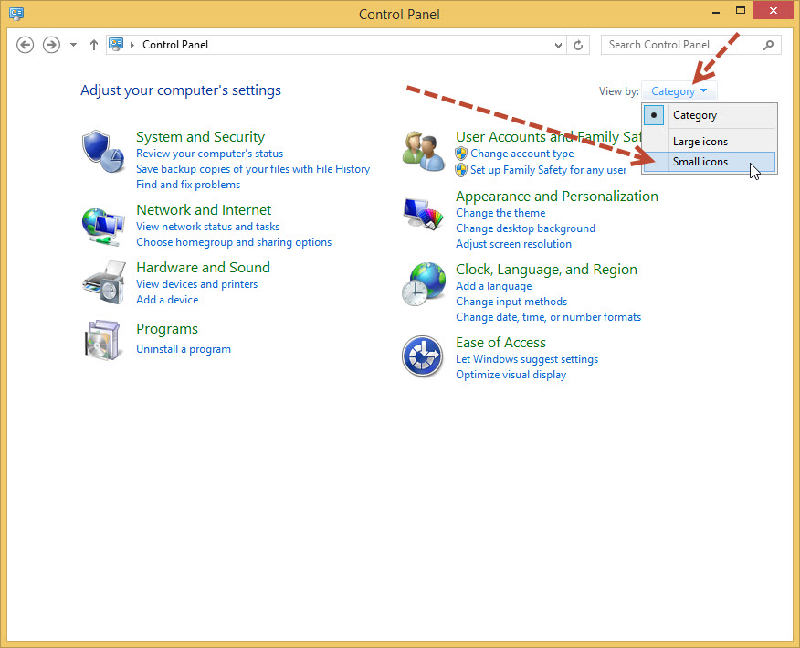 ปรับให้ Control Panel แสดงเป็นไอค่อนขนาดเล็ก