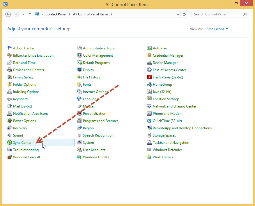 คลิกเข้าไปที่ Sync Center