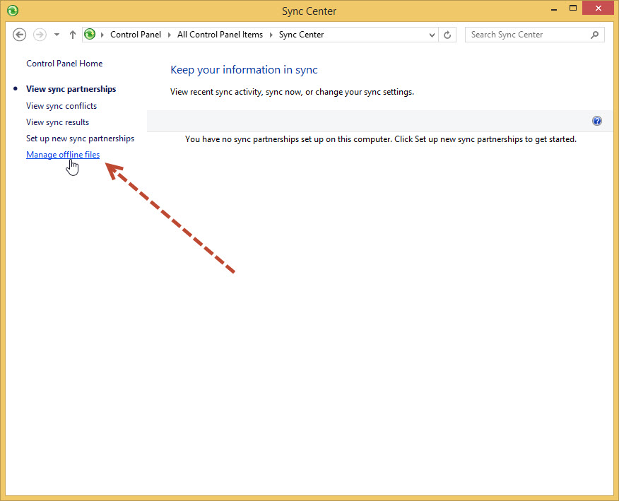 คลิกเลือกที่ Manage offline files